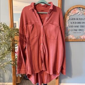 aerie Waffle Knit Button-Down Shirt in Dusty Rose